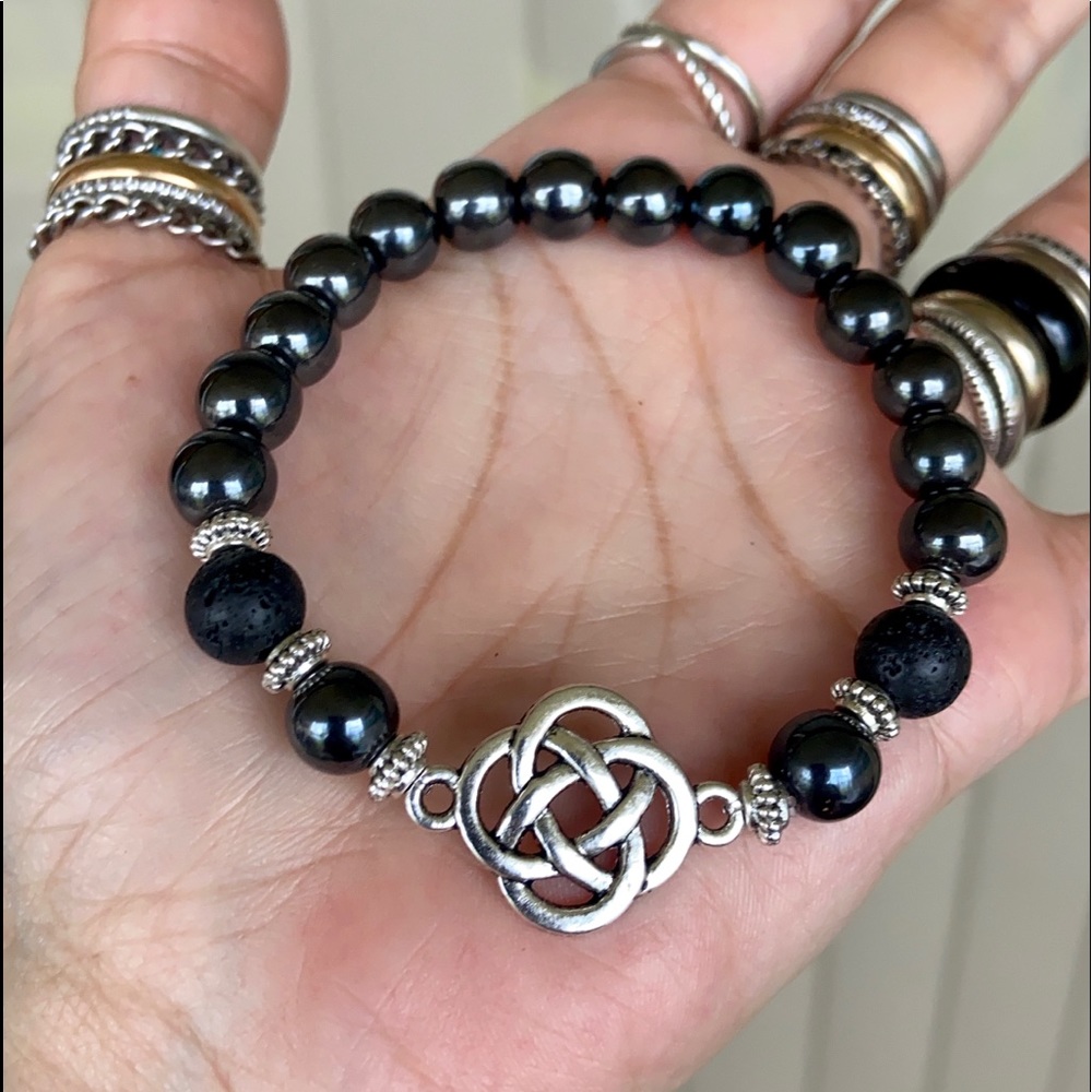 Silver Celtic knot lava rock & hematite bracelet - Picture 5 of 14